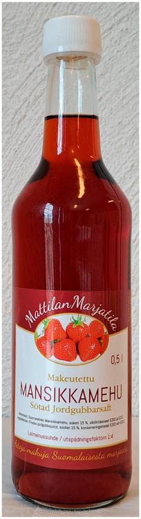 Makeutettu mansikkamehu tiiviste 0,5 l Mattilan Marjatila. Valmistettu Suomalaisista marjoista.