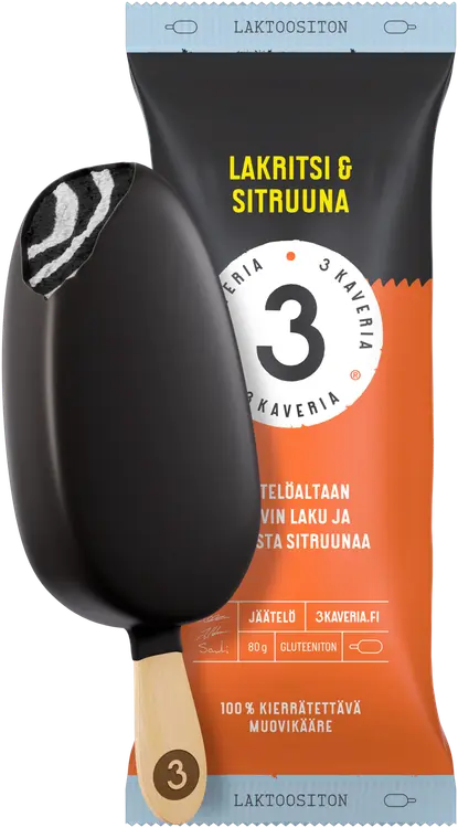 Kolmen Kaverin Jäätelö Laktoositon Lakritsi & Sitruuna jäätelöpuikko 110ml/80g