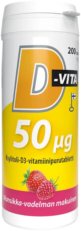 D-Vita 50 ug mansikka-vadelmanmakuinen 200 tabl ksylitoli-D3-vitamiinipurutabletti, Vitabalans