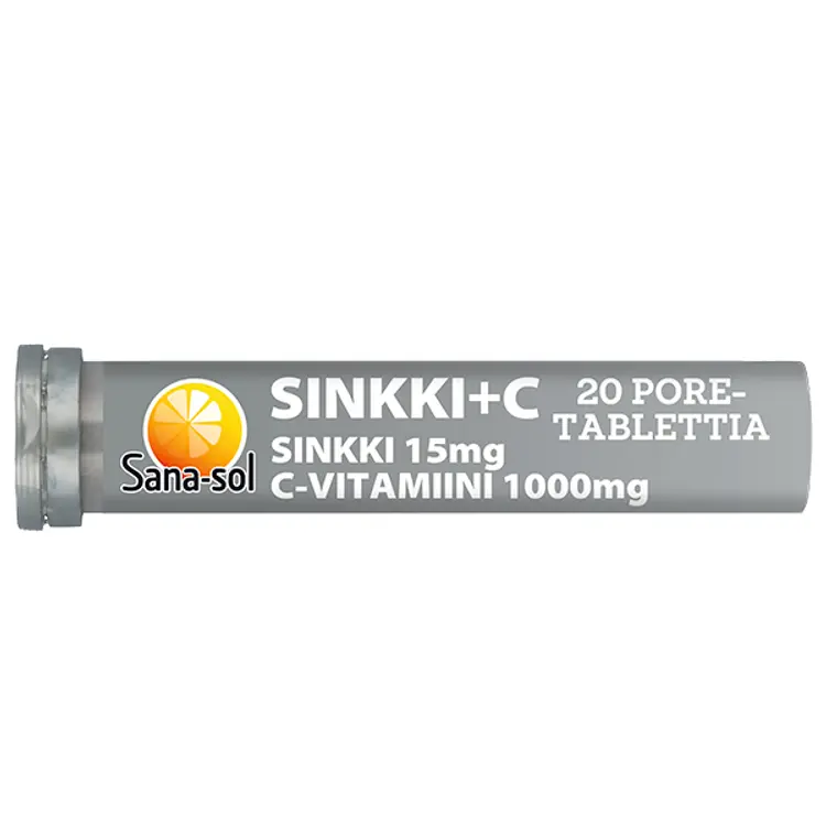 Sana-sol sinkki 15mg - C-vitamiini 1000mg appelsiininmakuinen sinkki-C-vitamiiniporetabletti ravintolisä 20 poretablettia