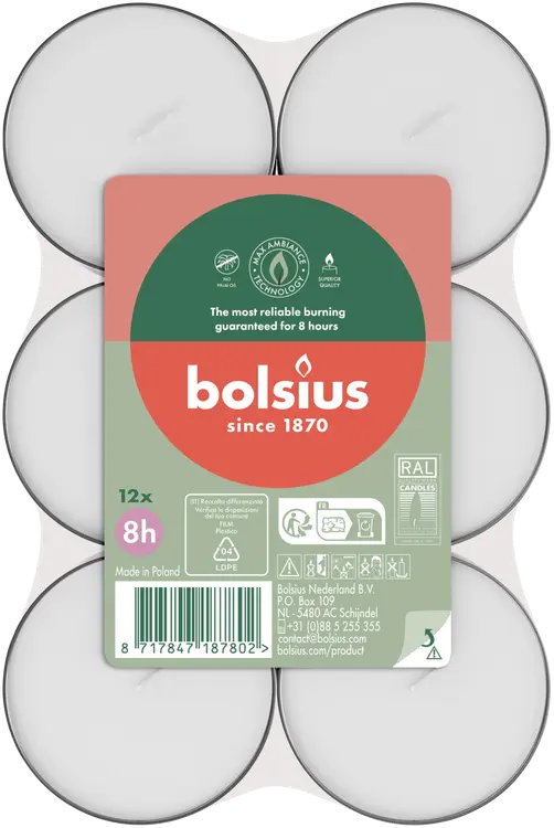 Bolsius – maksilämpökynttilät, väritön kuppi – 8 tunnin paloaika – 12 kpl/pakkaus