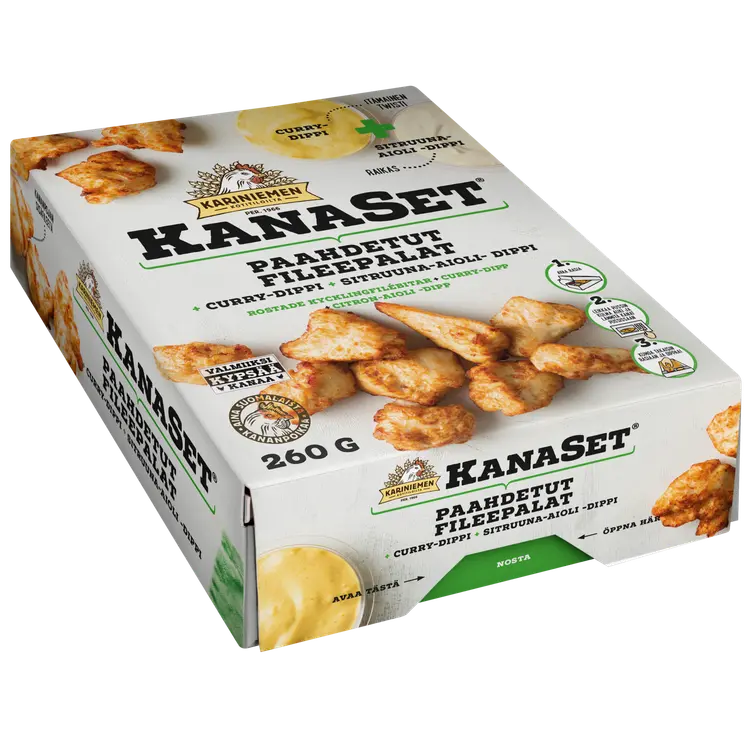 Kariniemen Kanaset paahdetut fileepalat 180g, Curry dippi 40g, Sitruuna-aioli dippi 40g