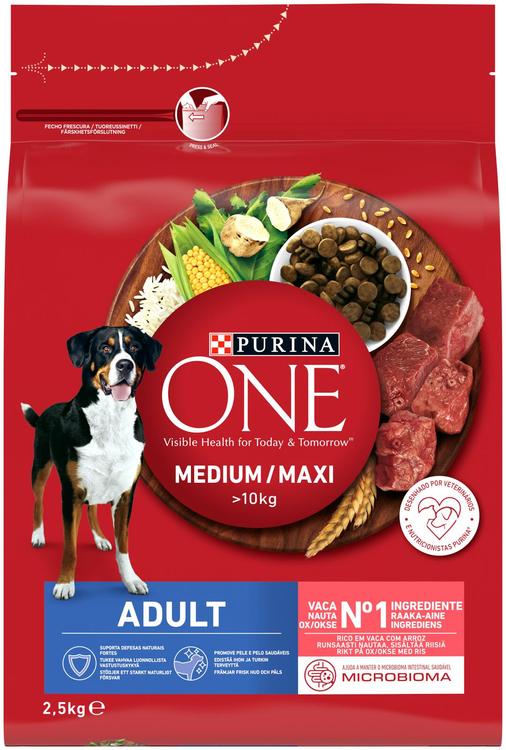 Purina ONE 2,5kg Medium/Maxi Adult runsaasti nautaa, sisältää riisiä koiraruoka