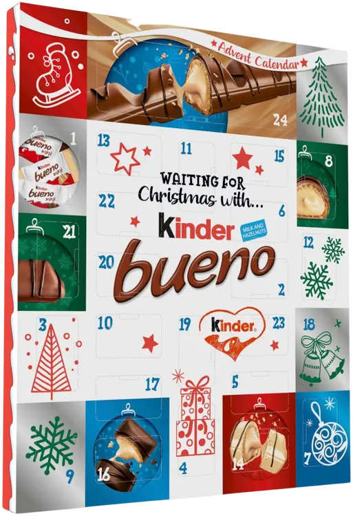 Joulukalenteri, jossa on sekoitus Kinder Bueno suklaaminipaloja, Kinder Bueno suklaapatukka ja Kinder Bueno munia