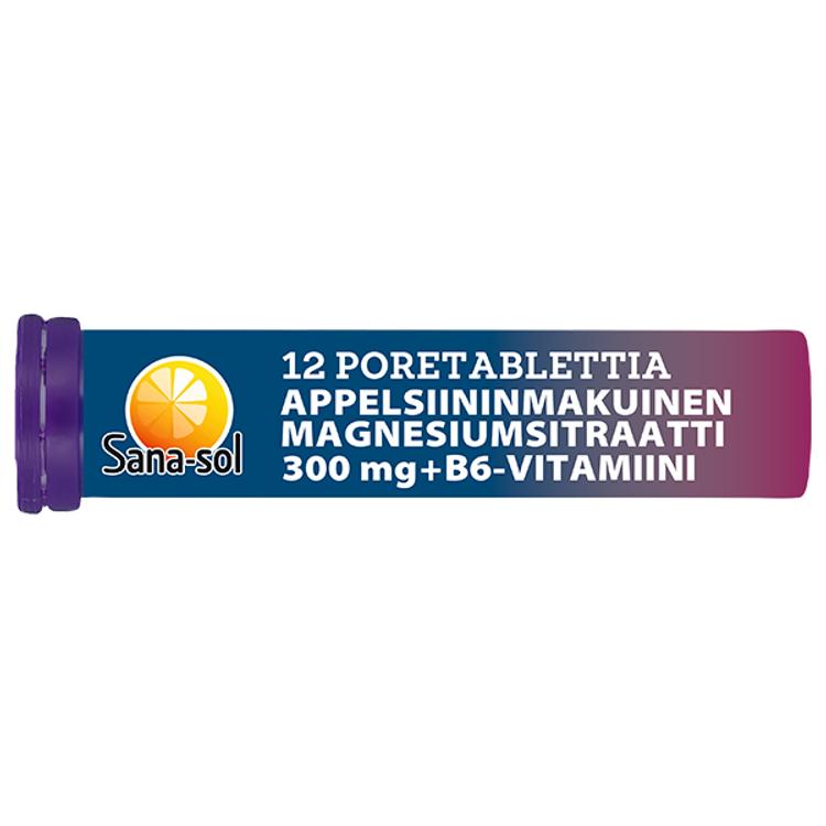 Sana-sol magnesiumsitraatti 300mg+B6-vitamiini appelsiininmakuinen magnesium-B6-vitamiiniporetabletti ravintolisä 12 poretablettia