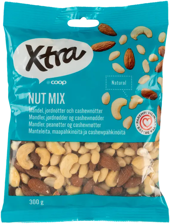 Xtra manteleita, kuorettomia maapähkinöitä ja cashewpähkinöitä 300 g