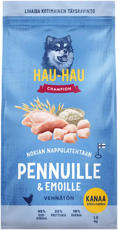 Hau-Hau Champion Nokian Nappulatehtaan Kanaa, riisiä & kauraa täysravinto pennuille ja emoille 1,5 kg