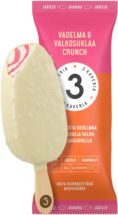 Kolmen Kaverin Jäätelö Vadelma & Valkosuklaa Crunch jäätelöpuikko 110ml/80g