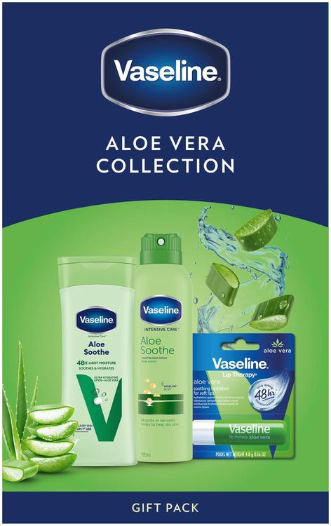 Vaseline Aloe Vera Lahjapakkaus 3 tuotetta Vartalovoide 200ml, Spray vartalovoide 190ml ja huulivoide 4,8g lajitelma