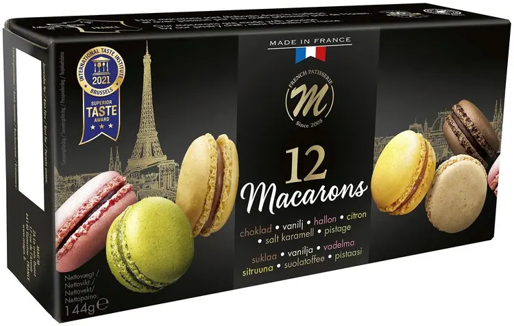 Delice Macarons-leivos 12kpl/144g (Suklaa, Vanilja, Vadelma, Sitruuna, Suolainen kinuski, Pistaasi) Pakaste