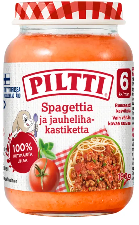 Piltti 190g Spagettia ja jauhelihakastiketta lastenateria 6kk