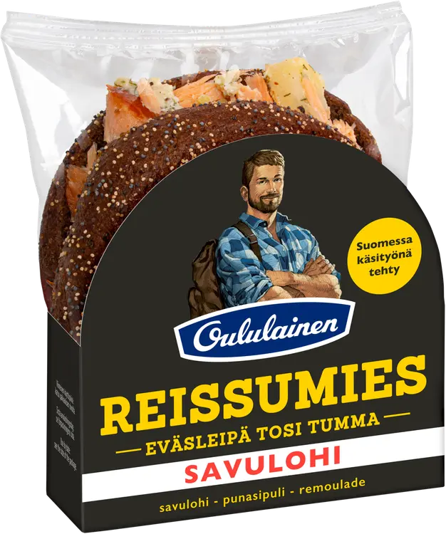Oululainen Reissumies Eväsleipä Tosi Tumma Savulohi 130g, täytetty täysjyväruisleipä lohi-punasipuli-remoulade