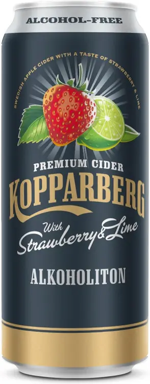 Premium Cider Kopparberg with Strawberry & Lime 0%, Mansikan & Limen makuinen alkoholiton omenasiideri tölkki 50cl