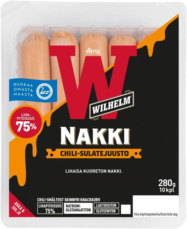 Atria Wilhelm Chili-sulatejuusto Kuoreton Nakki 280g