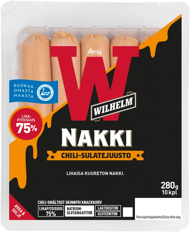 Atria Wilhelm Chili-sulatejuusto Kuoreton Nakki 280g