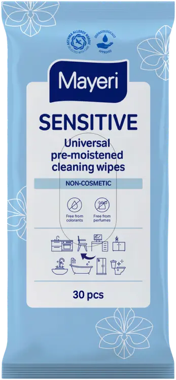 Mayeri Sensitive esikostutetut yleispuhdistuspyyhkeet 30 kpl pussi