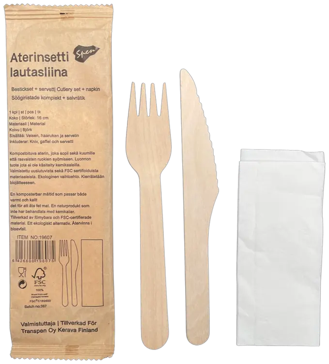 Spen puinen haarukka, veitsi ja lautasliina setti