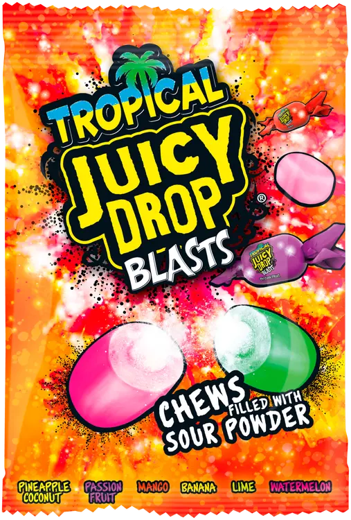 Bazooka Juicy Drop Blasts Tropical hedelmätoffee jauhetäytteellä 120g