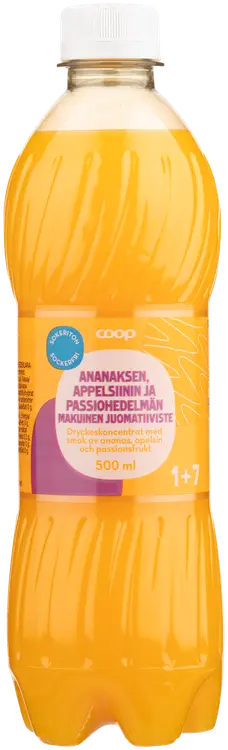 Coop sokeriton ananaksen, appelsiinin ja passiohedelmän makuinen juomatiiviste 1+7 0,5l
