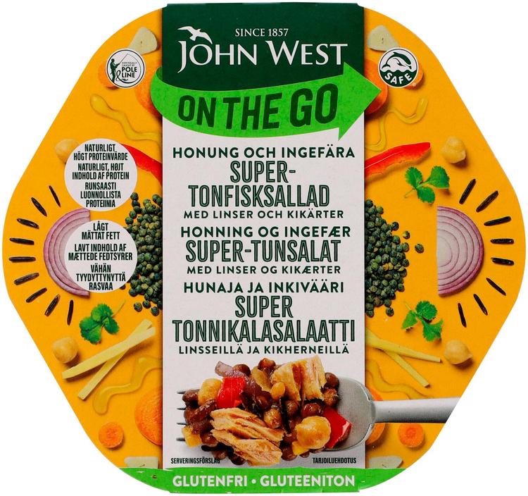John West On The Go Hunaja & Inkivääri super tonnikalasalaatti linsseillä ja kikherneillä 220g