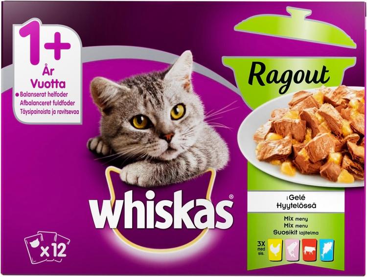 Whiskas 1+ Ragout - Suosikit Lajitelma hyytelössä - Kissan märkäruoka annospussissa - sis. Kanaa, Lohta, Härkää ja Tonnikalaa - (12 x 85g)