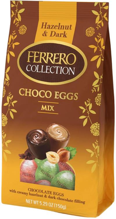 Ferrero Collection minimunasekoitus 150g sisältäen maitosuklaapäällysteisiä hasselpähkinäkreemitäytteisiä ja tummasuklaapäällysteisiä kaakaokreemitäytteisiä minimunia.