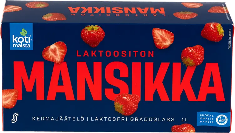 Kotimaista laktoositon kermajäätelö kotipakkaus mansikka 1L/520g
