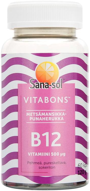 Sana-sol Vitabons Pehmeä ja pureskeltava B12-vitamiinivalmiste, metsämansikan- ja punaherukanmakuinen, ravintolisä 60 kpl