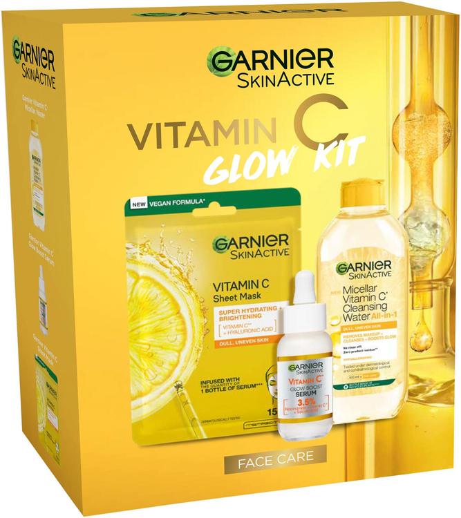 Garnier SkinActive Vitamin C Glow Kit lahjapakkaus - puhdistusvesi 400ml,seerumi 30ml ja naamio 28g