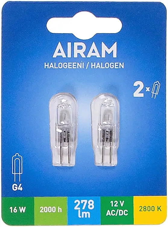 Airam halogeenilamppu 16W G4 12V 278lm 2kpl