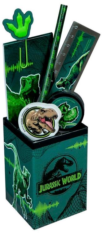Jurassic World kirjoitussetti kynäpurkissa