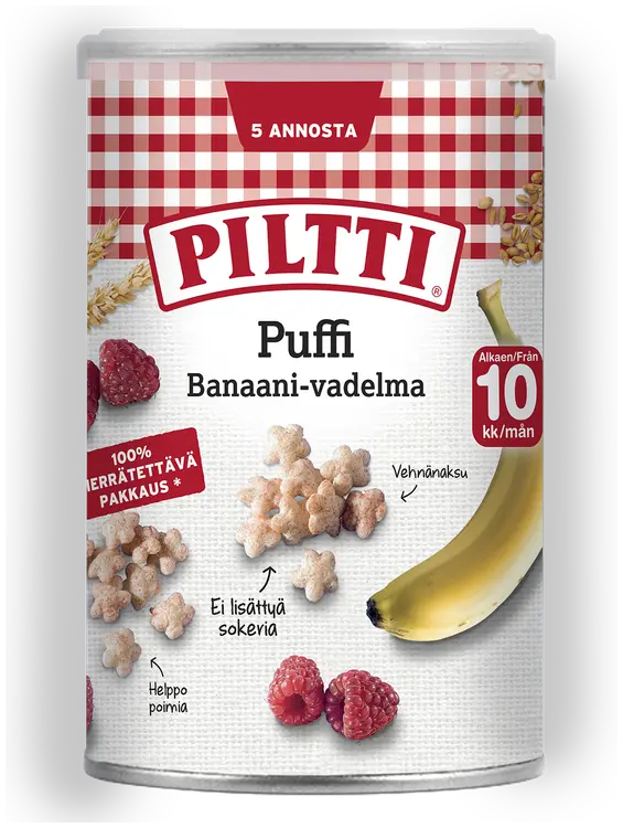PILTTI Puffi 35g Banaanin ja vadelman makuisia vehnänaksuja 10kk