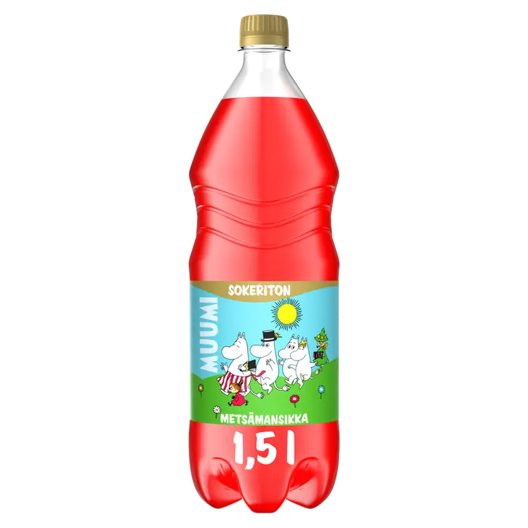Muumi Metsämansikka Sokeriton virvoitusjuoma muovipullo 1,5 L