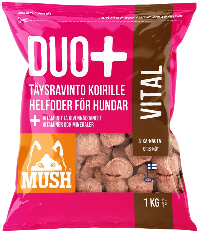 Mush DUO+ Sika-nauta täysrehu koirille 1kg pakaste