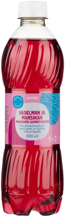 Coop sokeriton vadelman ja mansikan makuinen juomatiiviste 1+7 0,5l