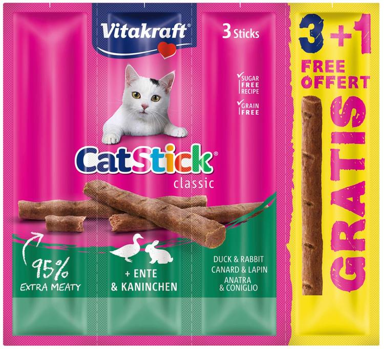 Vitakraft Cat Stick Lihatikku kissoille, ankka & kani 3+1 24g