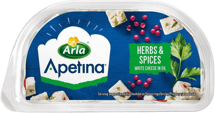 Apetina 100/80g snack välimerellinen juusto kuutioina ja yrttejä ölymarinadissa.