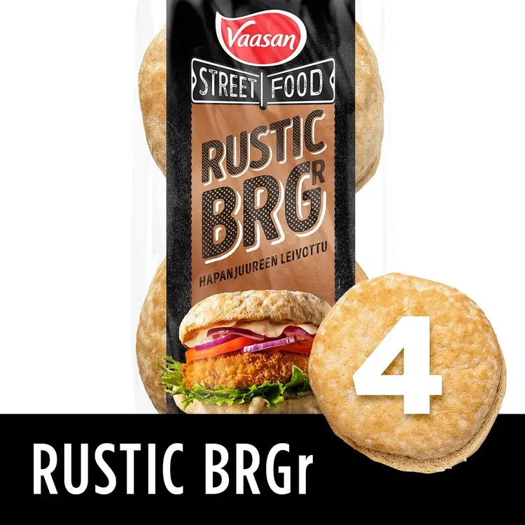 Vaasan Street Food Rustic BRGR 320g 4 kpl Hapanjuuren leivottu hampurilaissämpylä