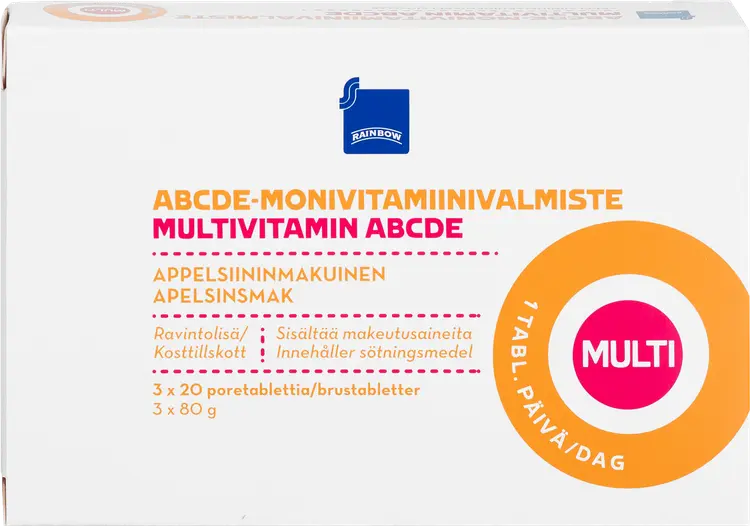 Rainbow ABCDE-moniviitamiiniporetabletti appelsiininmakuinen ravintolisä 3x20kpl/3x80g