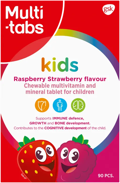 Multi-tabs Kids Monivitamiini Vadelma-Mansikka, Monivitamiini- ja kivennäisainetabletti lapsille, 90 purutablettia