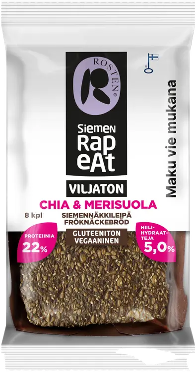 Rosten Siemenrapeat Viljaton siemennäkkileipä Chia & merisuola 8 kpl 170 g