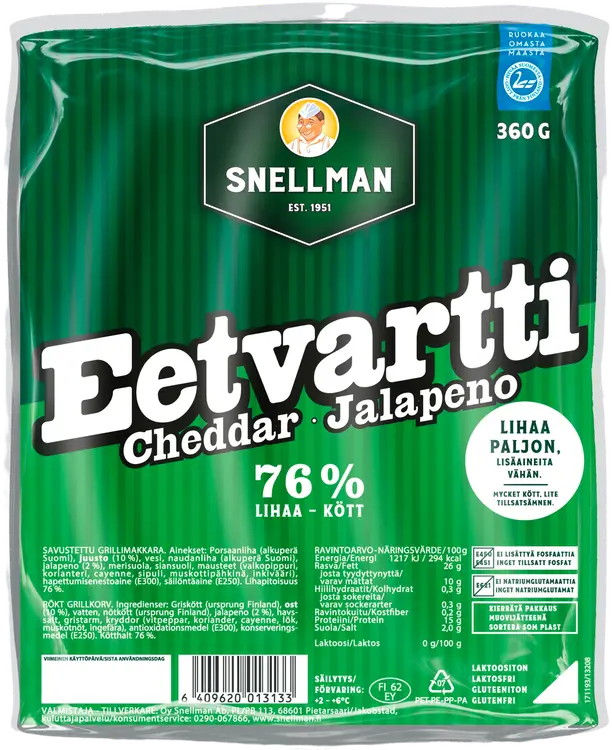 Snellman Cheddar-jalapeno Eetvartti grillimakkara 360g