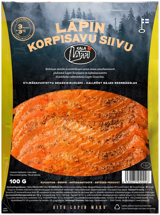 Kala-Lappi Lapin Korpisavu kylmäsavustettu kirjolohisiivu 100 g
