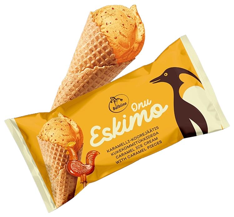 Karamelli-koorejäätis kukekommitükkidega vahvlikoonuses, 80g/165ml