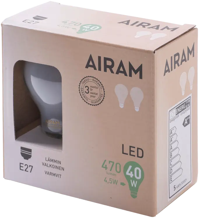 Airam Led himmeä 4,5W vakio E27 2700K 470lm 12 000h 2pack