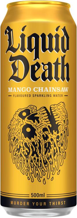 Liquid Death Mango Chainsaw - mangon- ja appelsiininmakuinen hiilihapotettu juoma tölkki 500ml