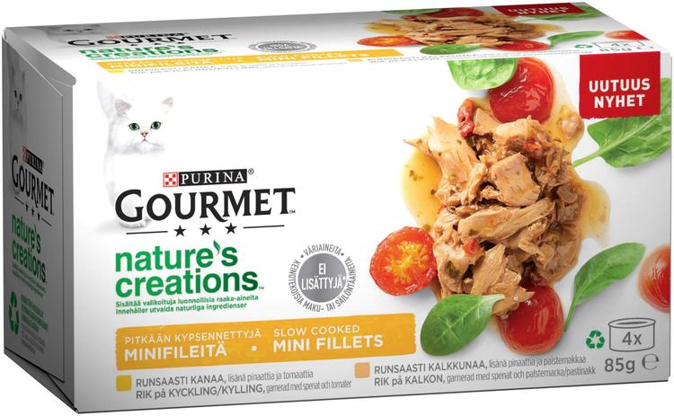 Gourmet 4x85g Nature's Creations, Pitkään Kypsennettyjä Minifileitä, kanaa ja kalkkunaa kissanruoka