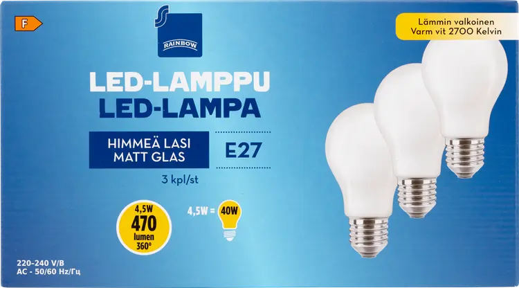 Rainbow LED-lamppu 4,5W E27 2700K 470lm himmeä lasi 3kpl