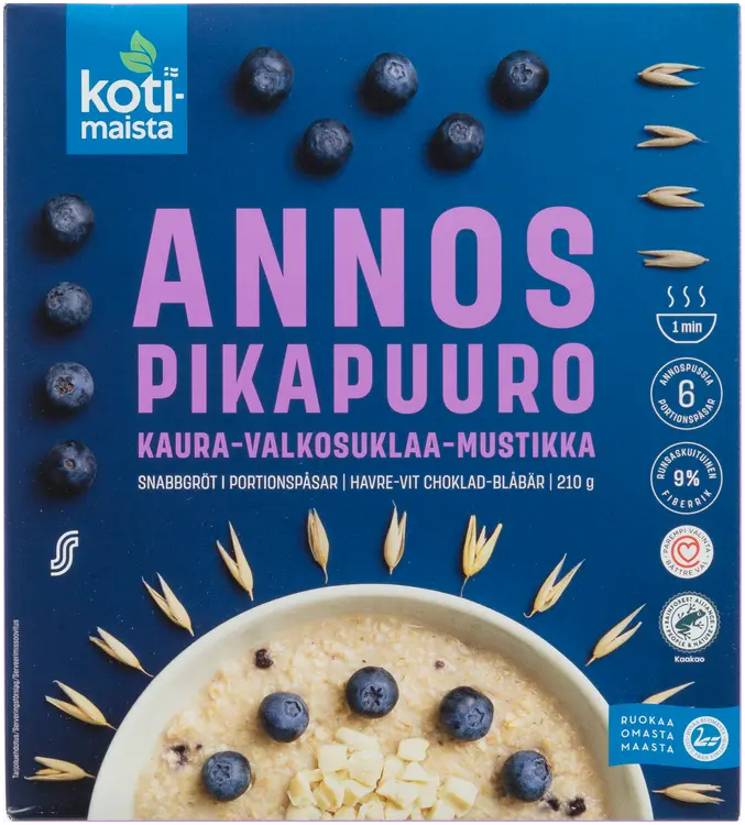 Kotimaista annospikapuuro kaura-valkosuklaa-mustikka 210 g (6 x 35 g)