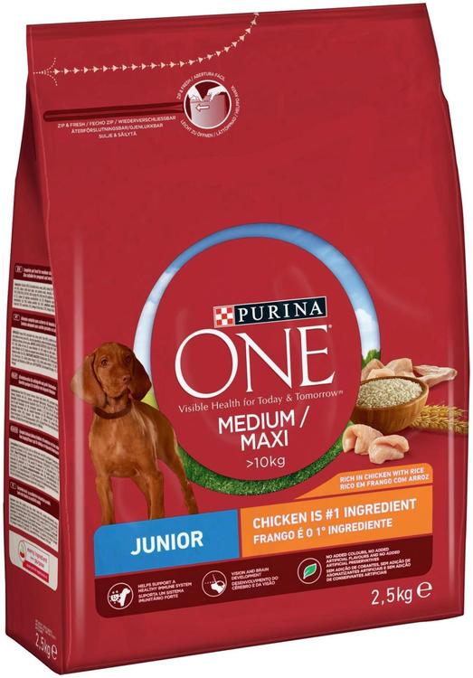 Purina ONE 2,5kg Medium/Maxi Junior runsaasti kanaa, sisältää riisiä koiranruoka